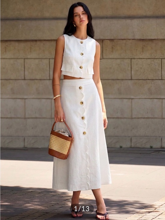 Commense Dresses & Skirts - Commense Cotton Linen Scalloped Trim Vest & Skirt Set